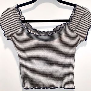 Zara Off-the-shoulder white blue striped crop top
